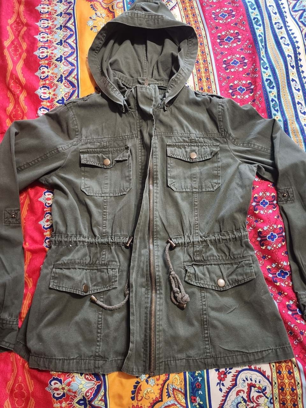 Chocolate Green Utility Hooded Jacket Military Cargo Style Womens Y2K Vintage - Picture 4 of 10